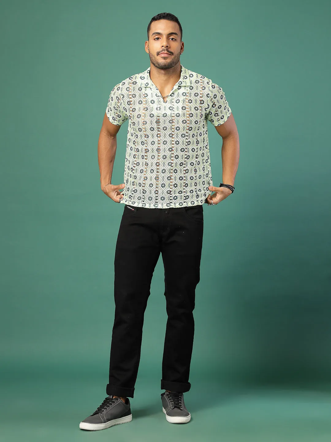 Cotton Crochet Botanical Polo Slim Fit Shirt