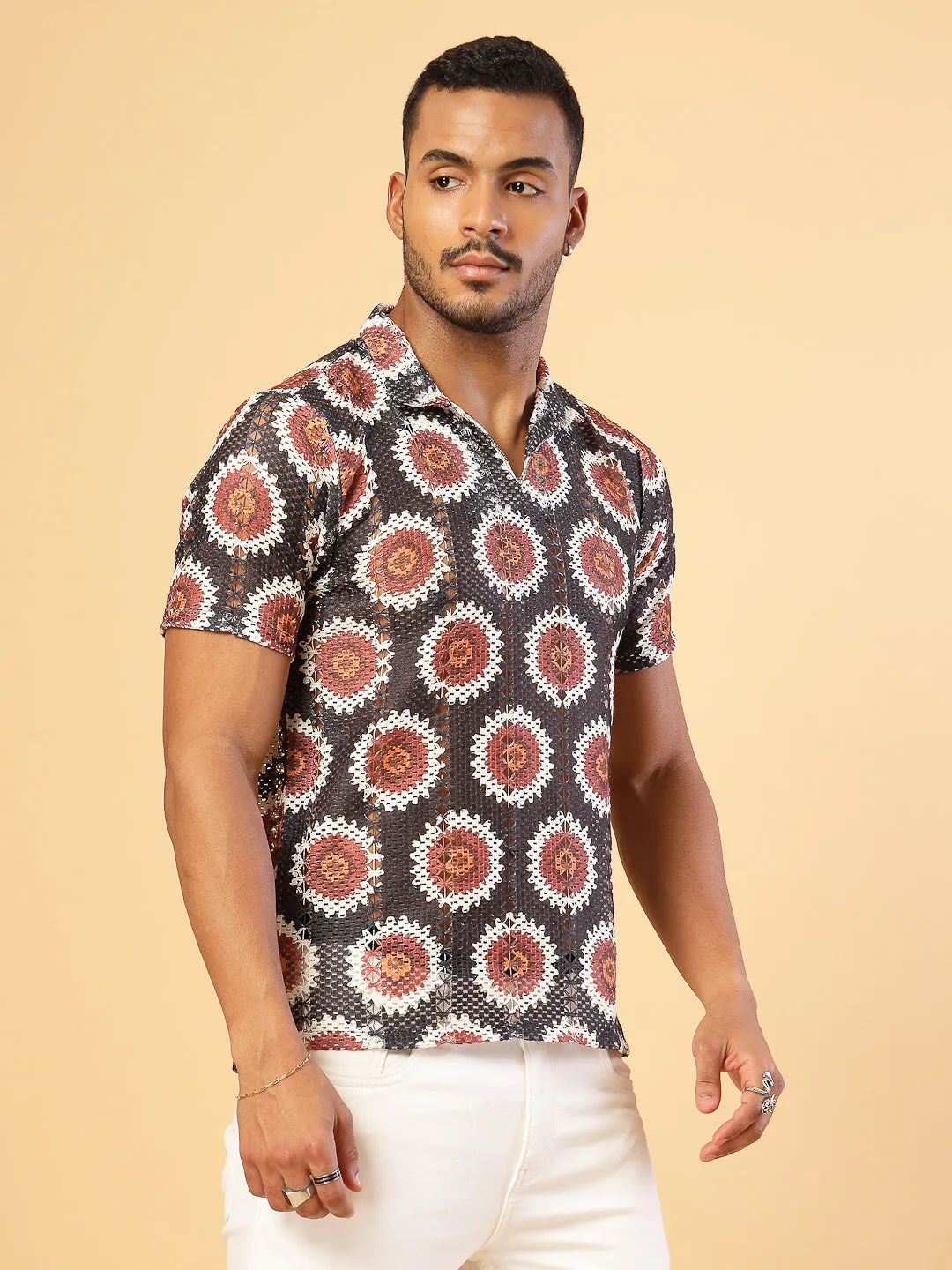 Cotton Crochet Botanical Polo Slim Fit Shirt