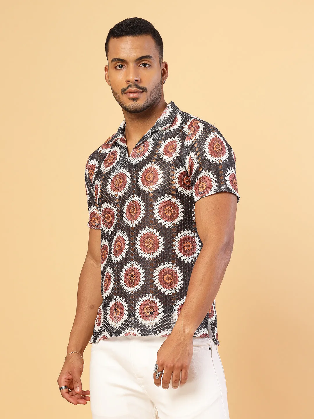Cotton Crochet Botanical Polo Slim Fit Shirt