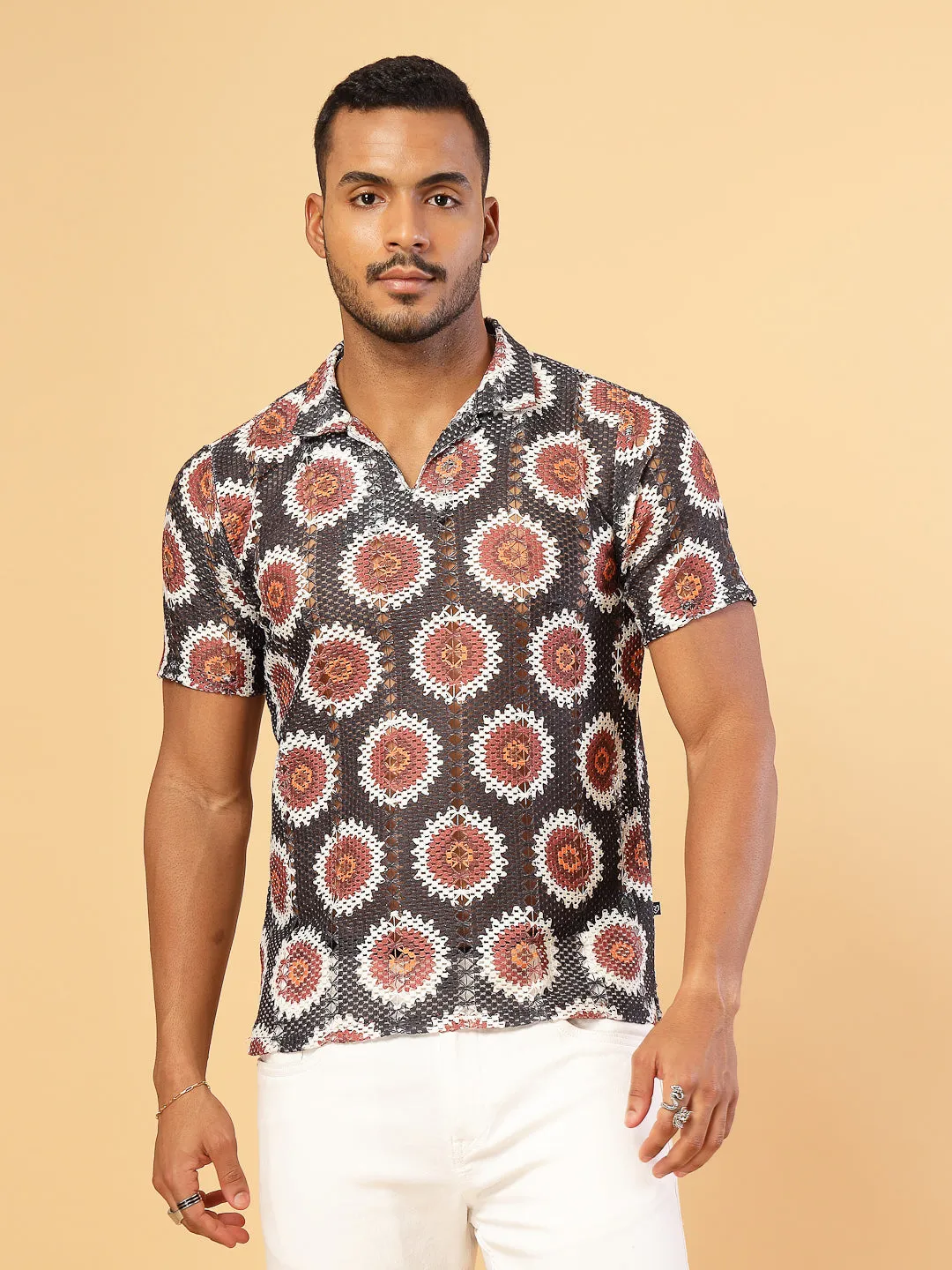 Cotton Crochet Botanical Polo Slim Fit Shirt