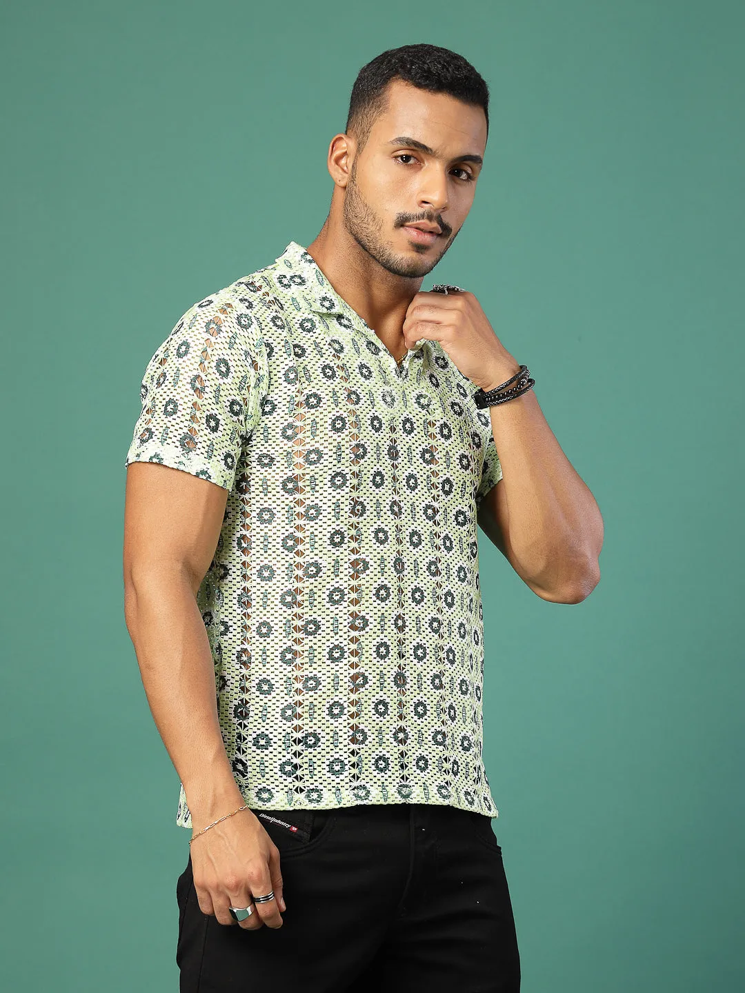 Cotton Crochet Botanical Polo Slim Fit Shirt