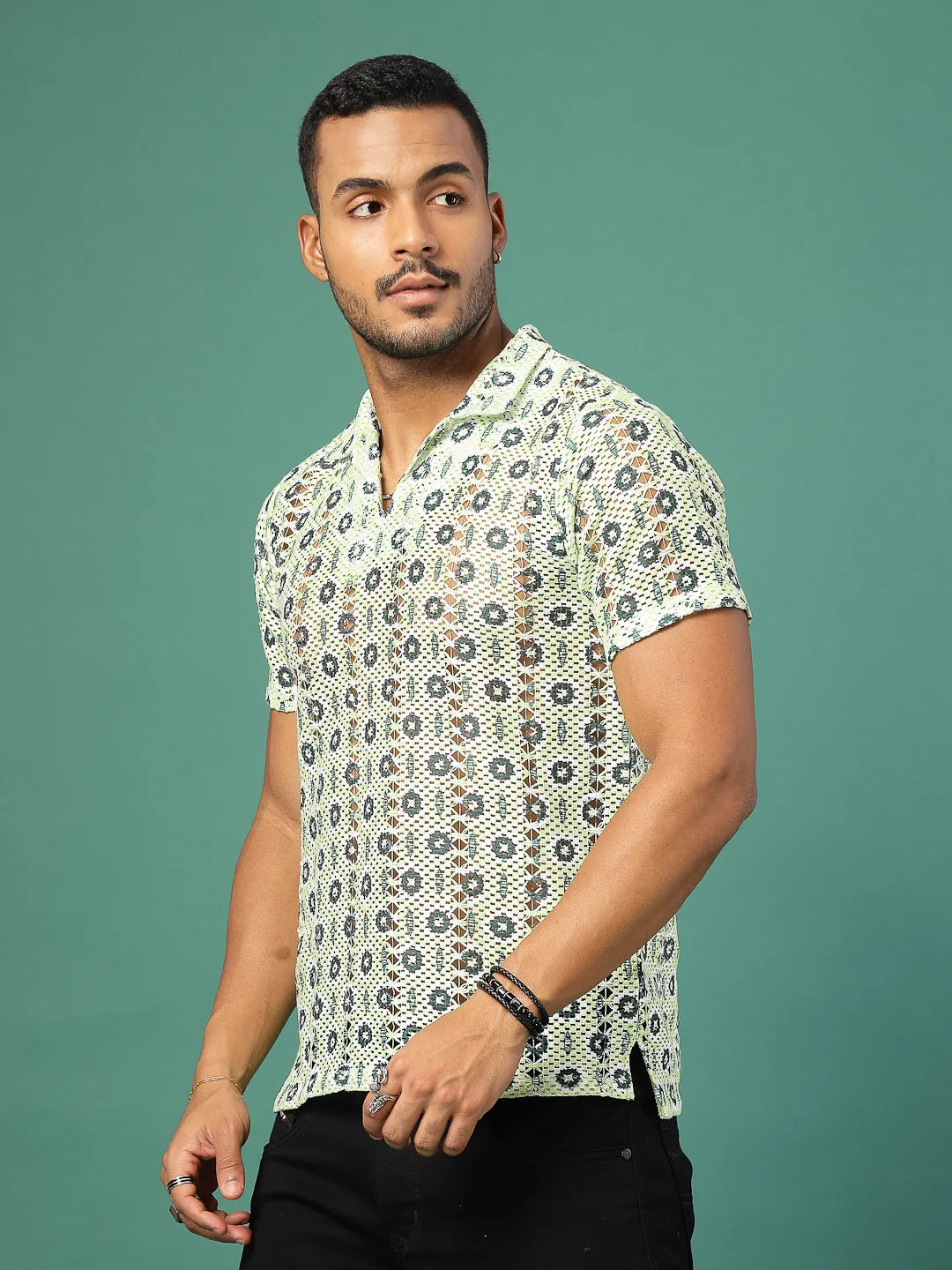 Cotton Crochet Botanical Polo Slim Fit Shirt