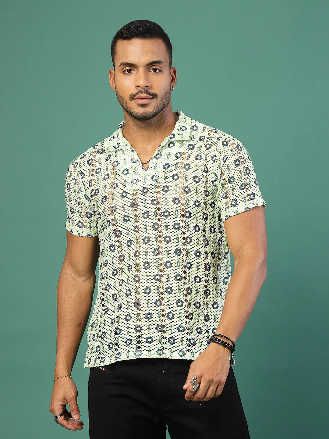 Cotton Crochet Botanical Polo Slim Fit Shirt