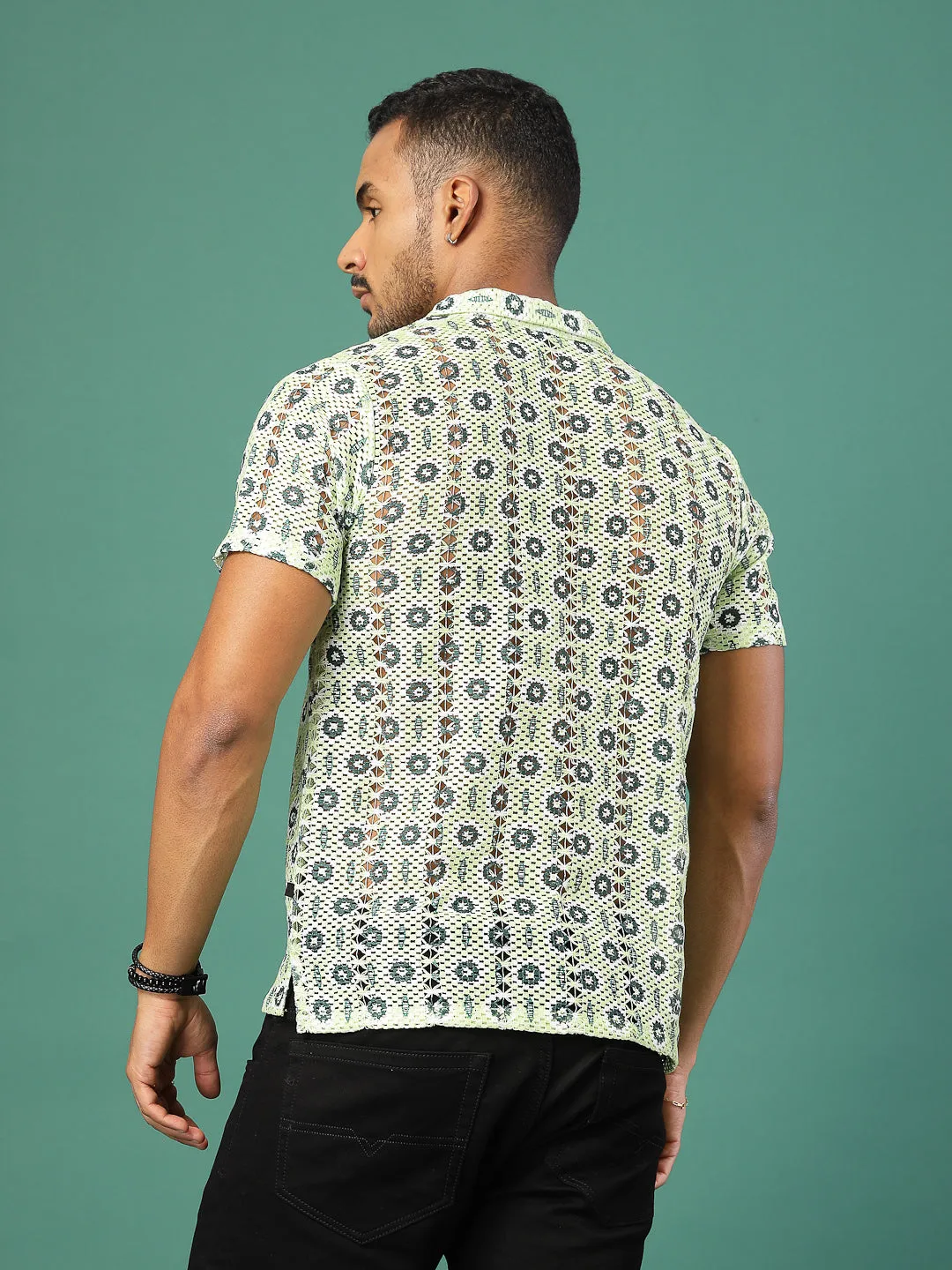 Cotton Crochet Botanical Polo Slim Fit Shirt