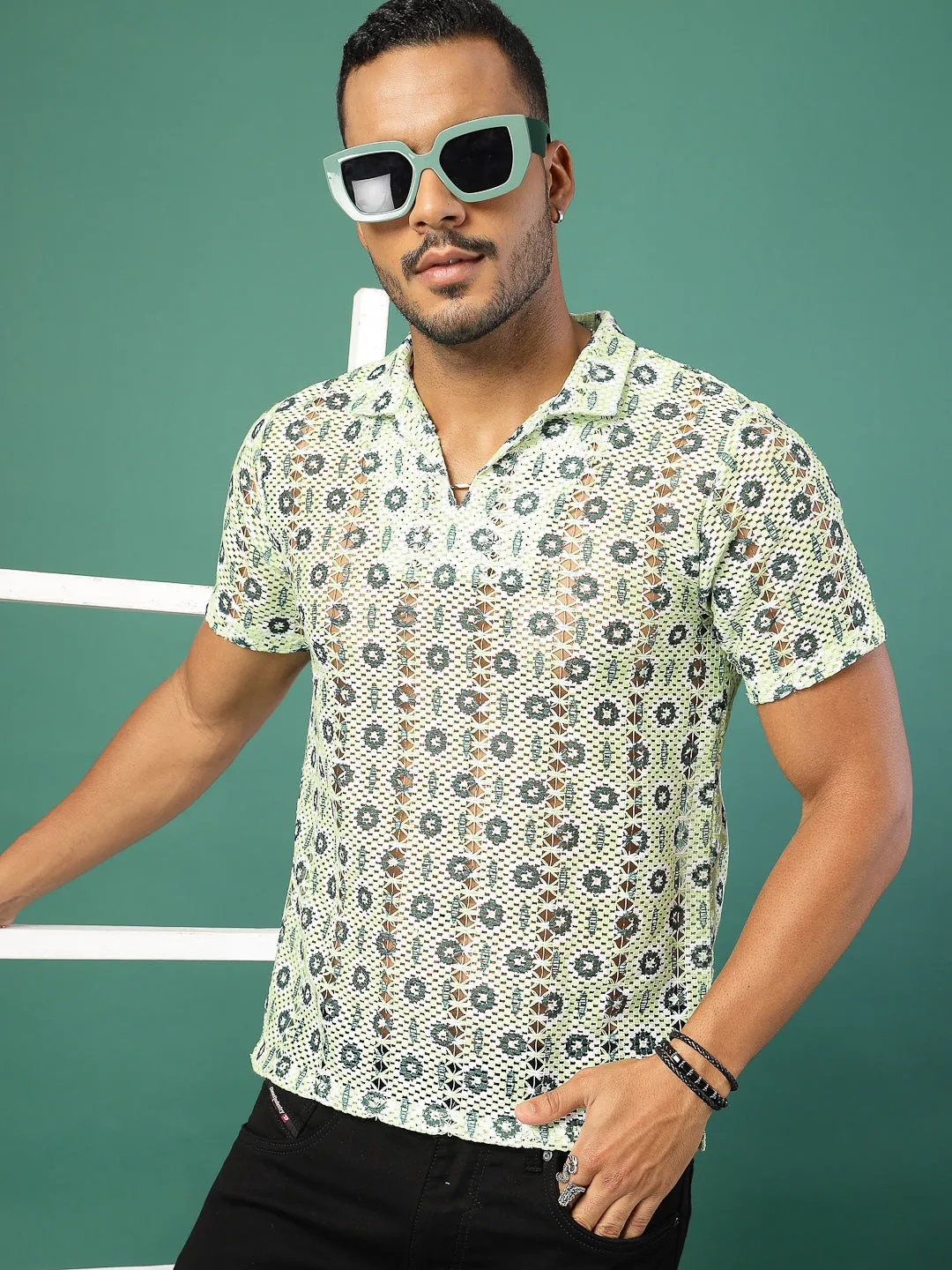 Cotton Crochet Botanical Polo Slim Fit Shirt