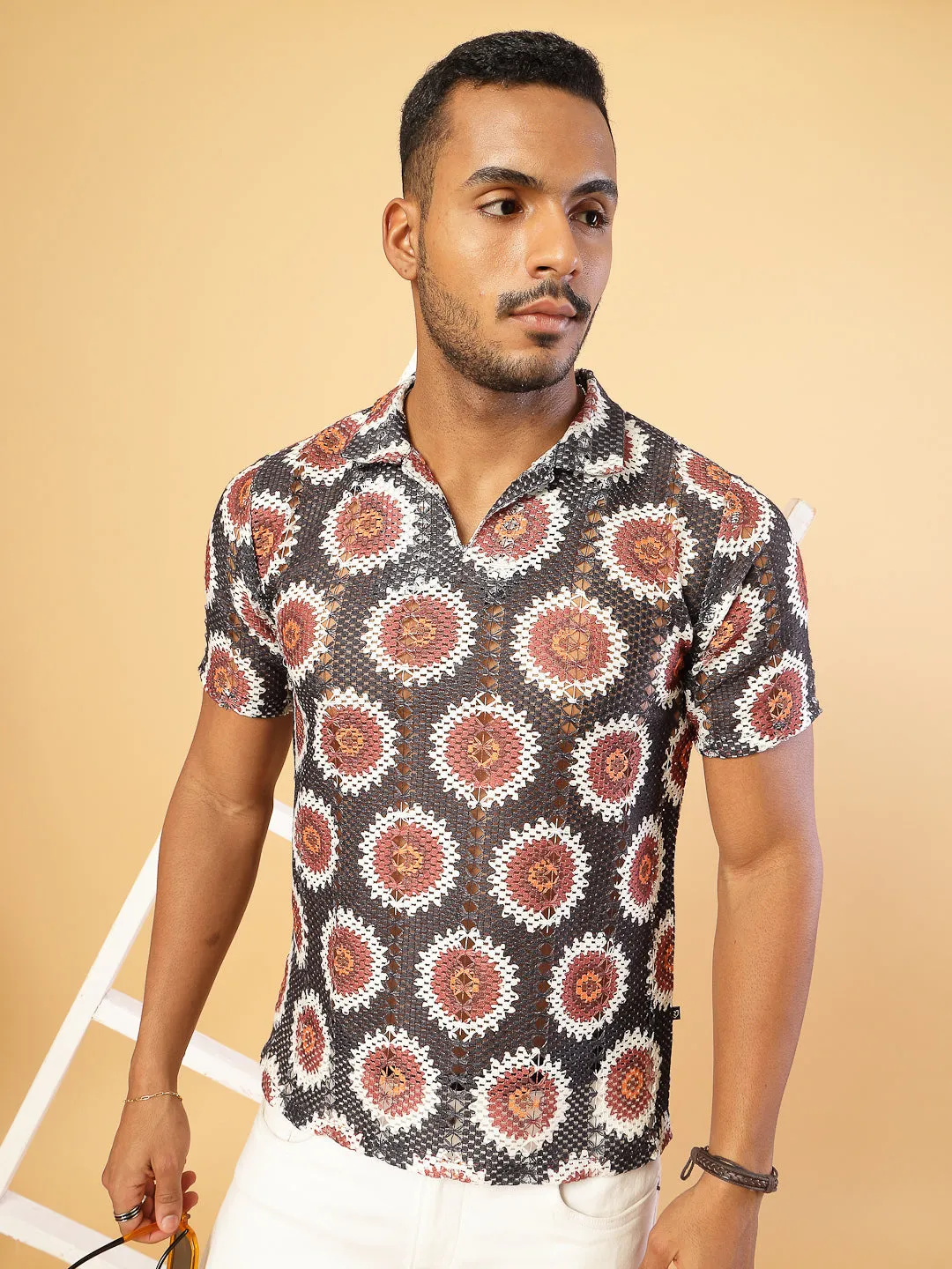Cotton Crochet Botanical Polo Slim Fit Shirt