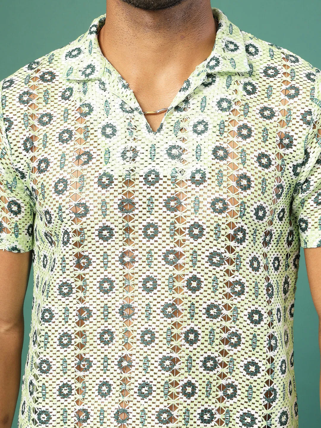 Cotton Crochet Botanical Polo Slim Fit Shirt