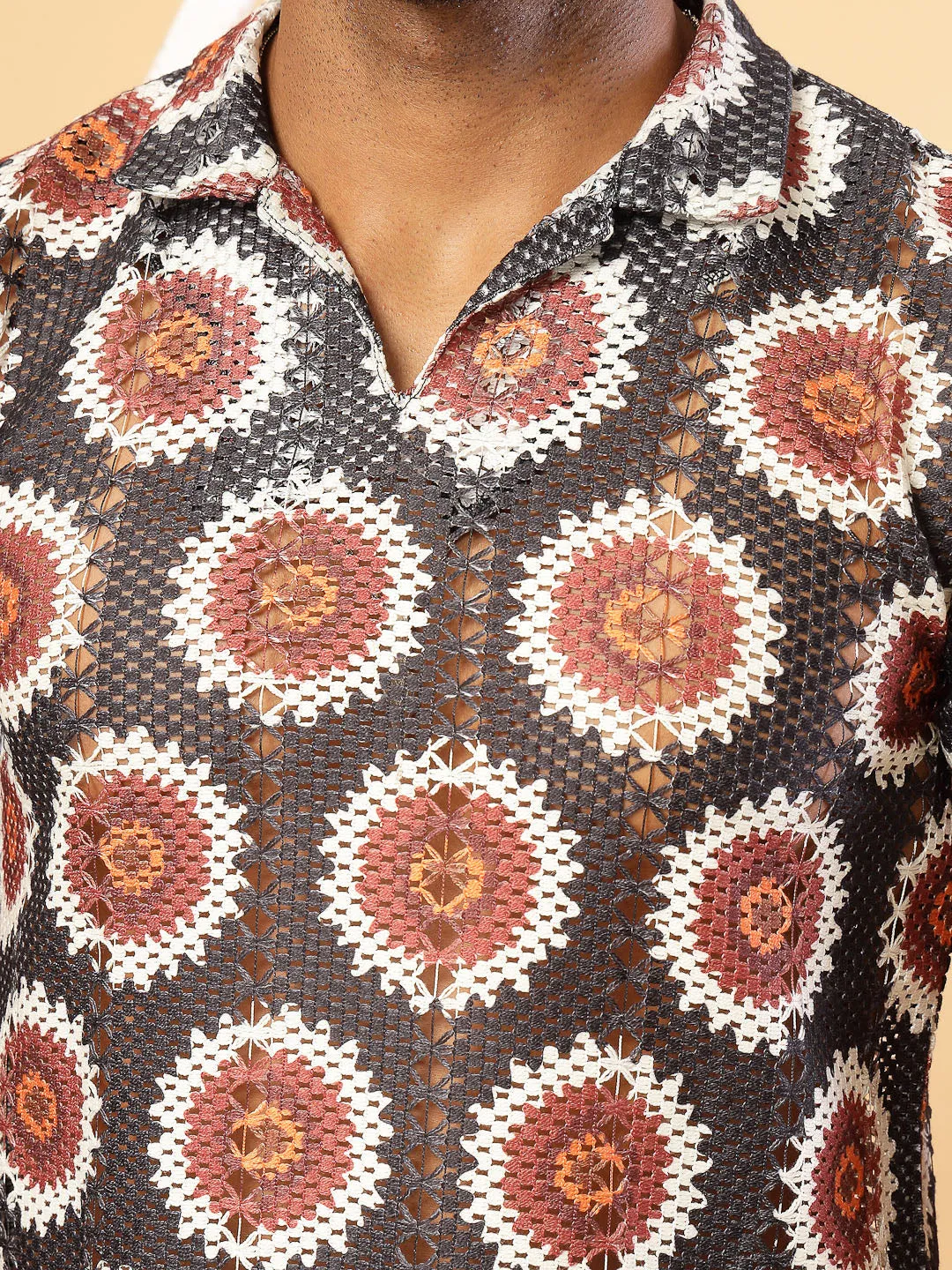 Cotton Crochet Botanical Polo Slim Fit Shirt