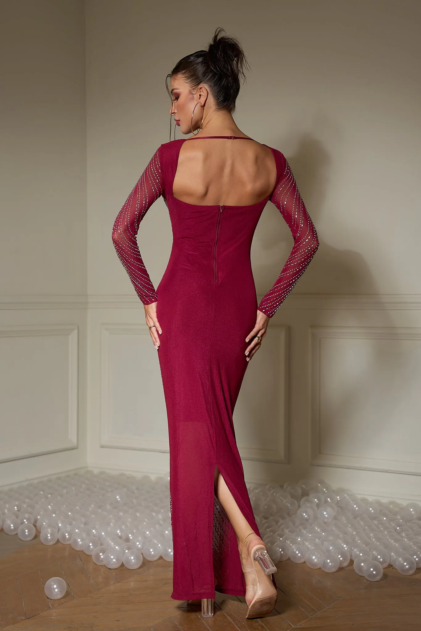 Crimson Radiance Embellished Maxi Dress
