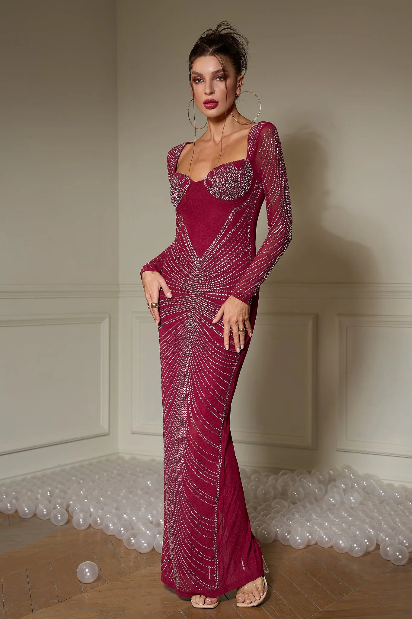 Crimson Radiance Embellished Maxi Dress