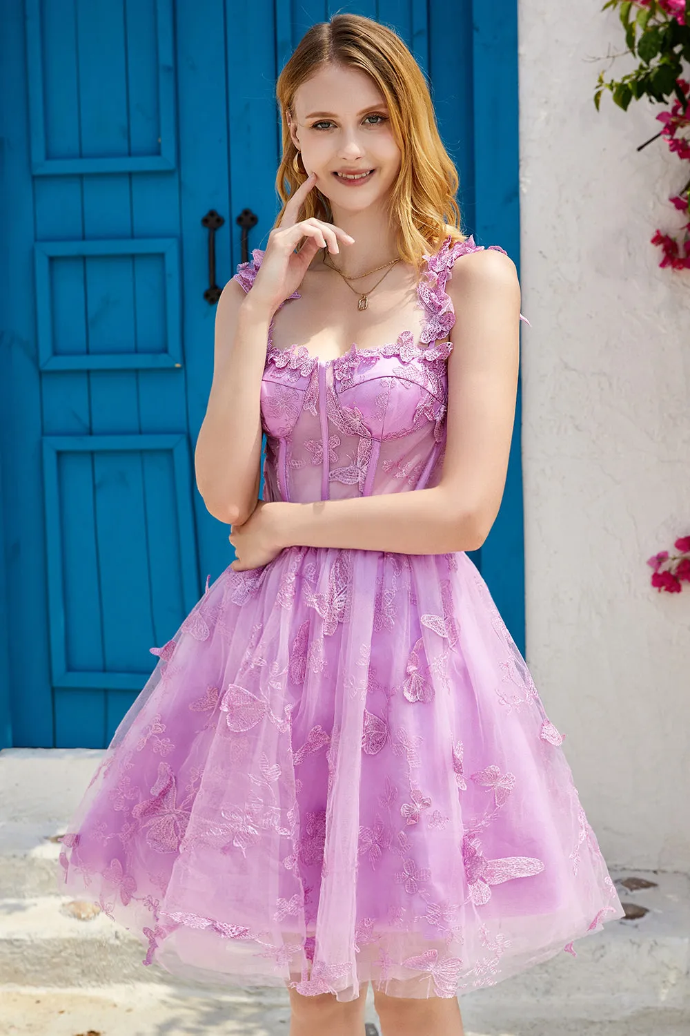 Cute A Line Corset Short Purple Homecoming Dress with Appliques
