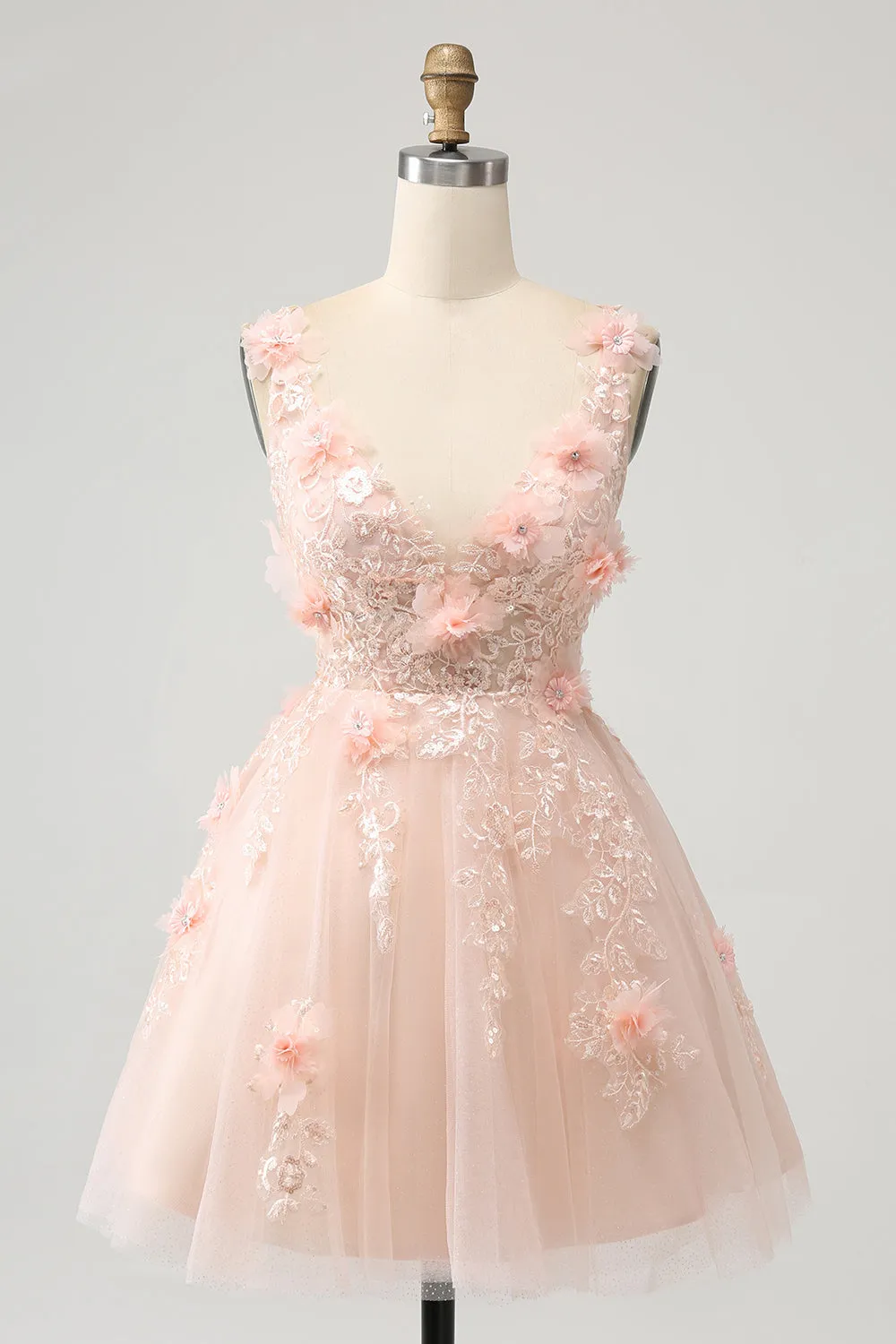 Cute Blush A Line V Neck Sequin Corset Short Homecoming Dress with Appliques