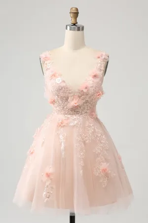 Cute Blush A Line V Neck Sequin Corset Short Homecoming Dress with Appliques