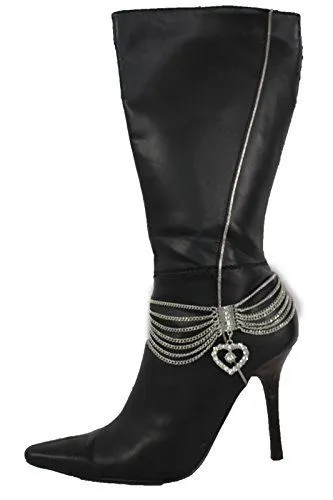 Dangling Rhinestone Heart Charm Multi Strand Metal Boot Chain