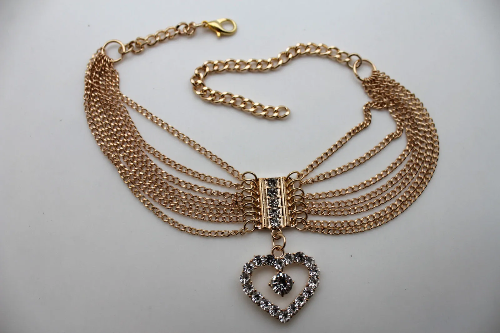Dangling Rhinestone Heart Charm Multi Strand Metal Boot Chain