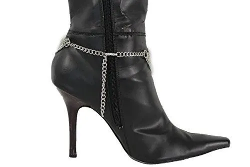 Dangling Rhinestone Heart Charm Multi Strand Metal Boot Chain