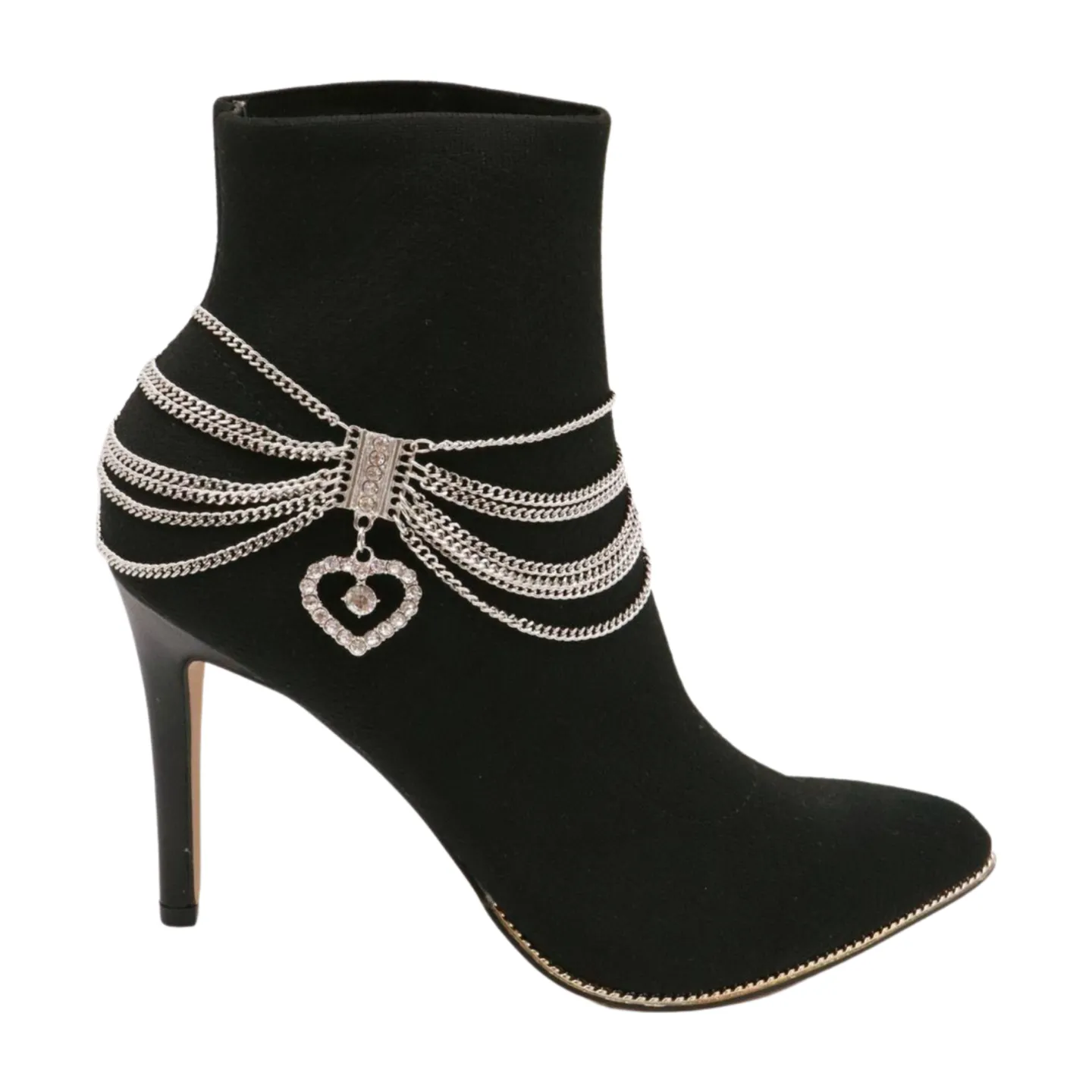 Dangling Rhinestone Heart Charm Multi Strand Metal Boot Chain