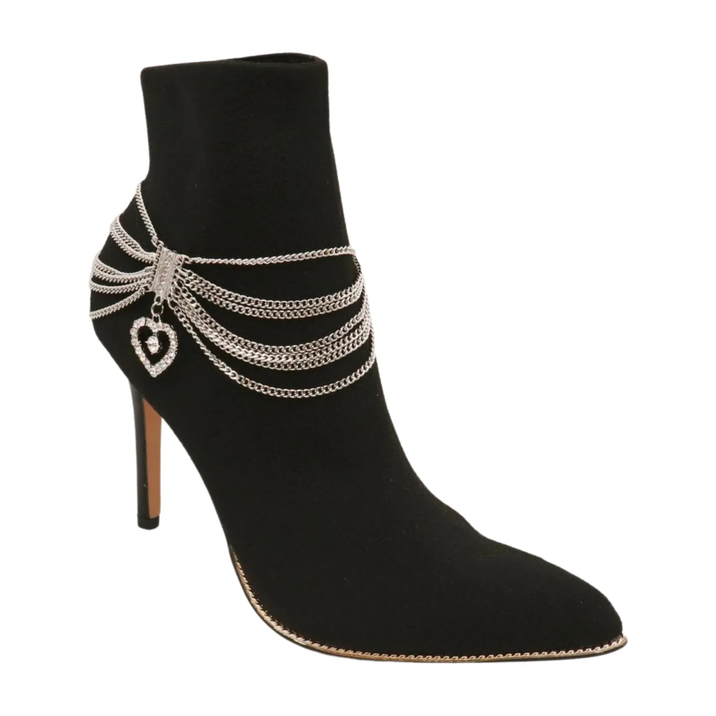 Dangling Rhinestone Heart Charm Multi Strand Metal Boot Chain