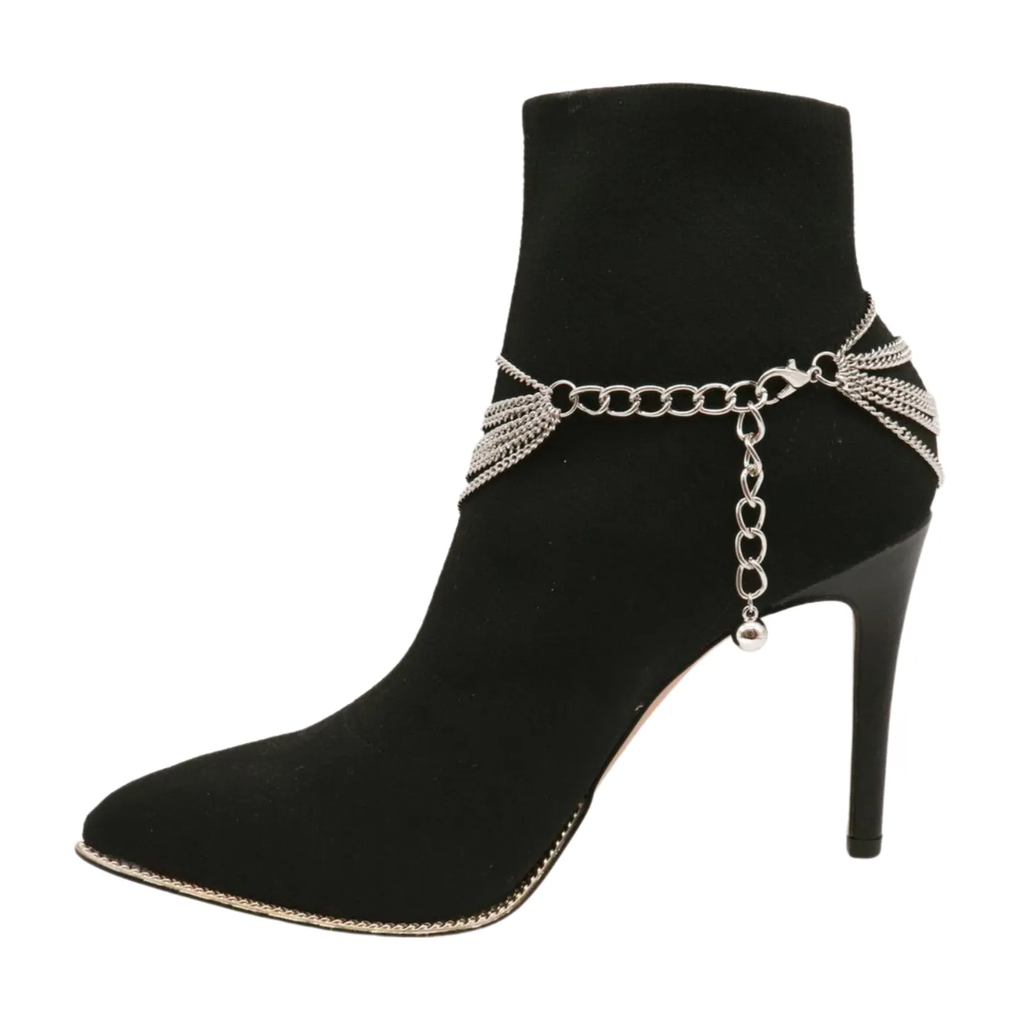 Dangling Rhinestone Heart Charm Multi Strand Metal Boot Chain