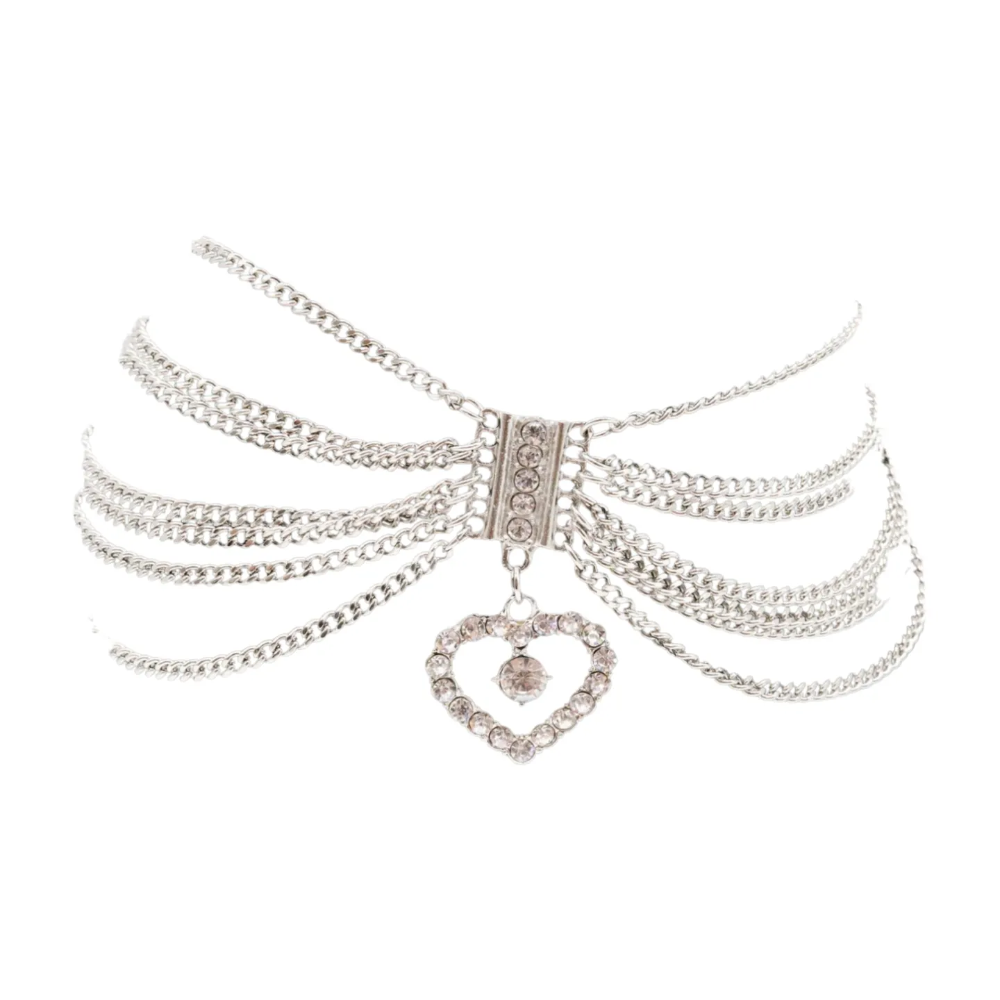Dangling Rhinestone Heart Charm Multi Strand Metal Boot Chain