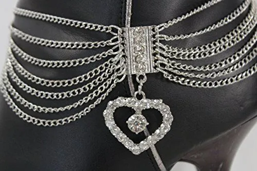 Dangling Rhinestone Heart Charm Multi Strand Metal Boot Chain