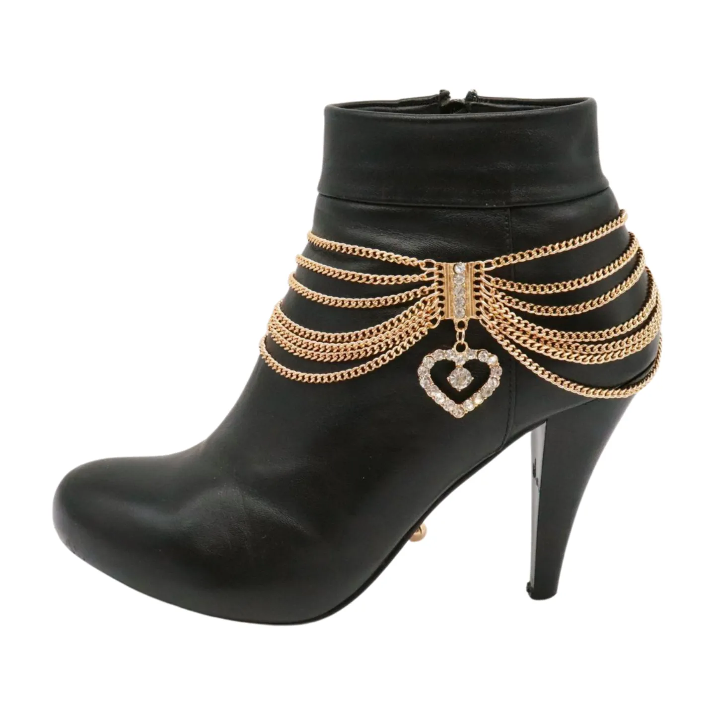 Dangling Rhinestone Heart Charm Multi Strand Metal Boot Chain