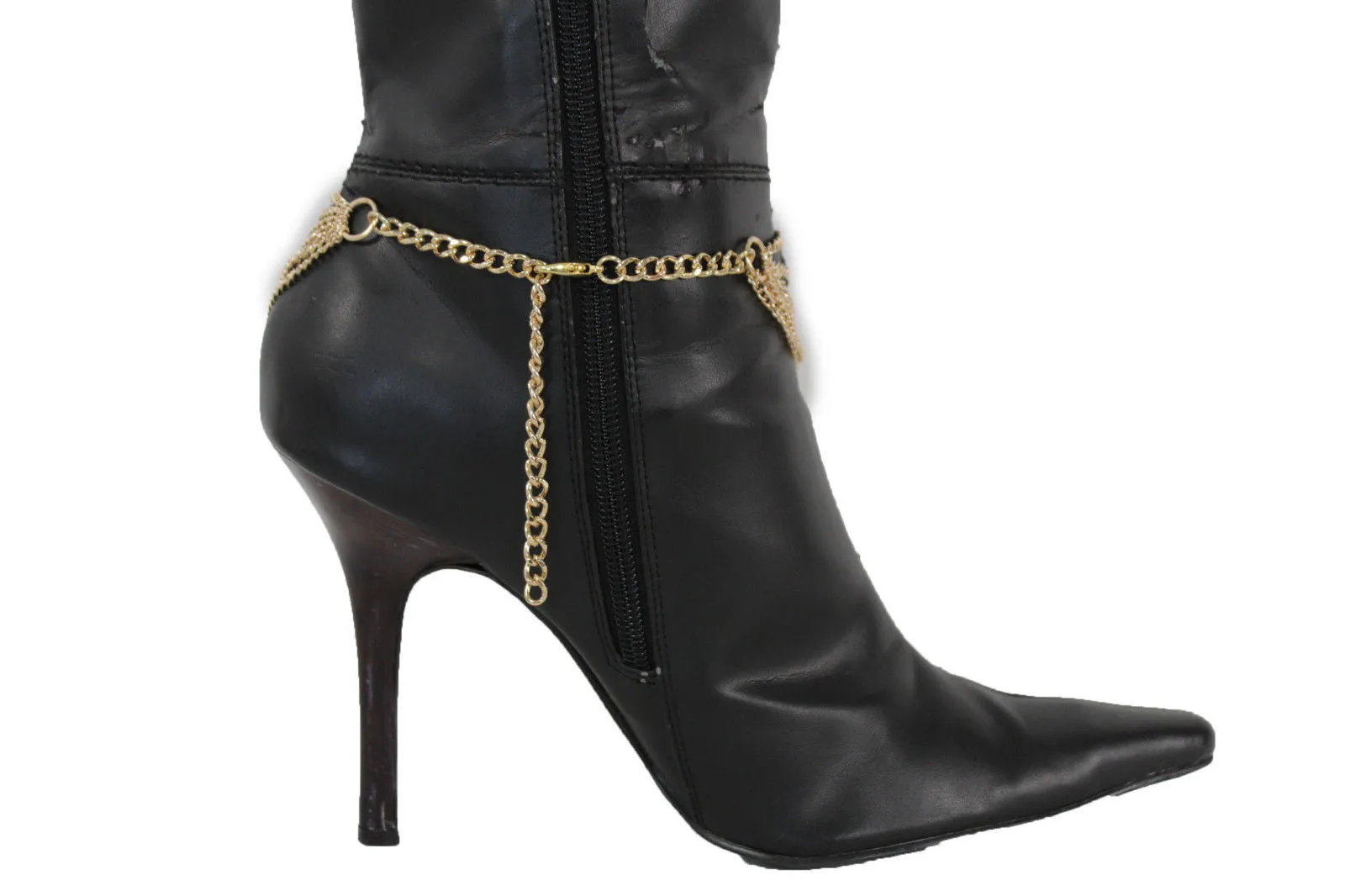 Dangling Rhinestone Heart Charm Multi Strand Metal Boot Chain