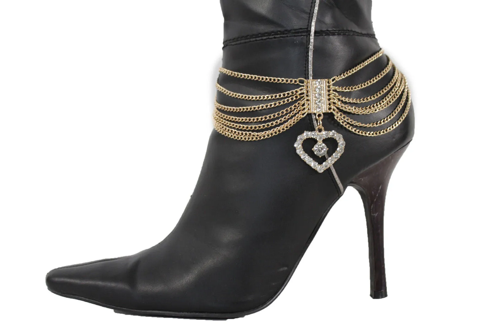 Dangling Rhinestone Heart Charm Multi Strand Metal Boot Chain