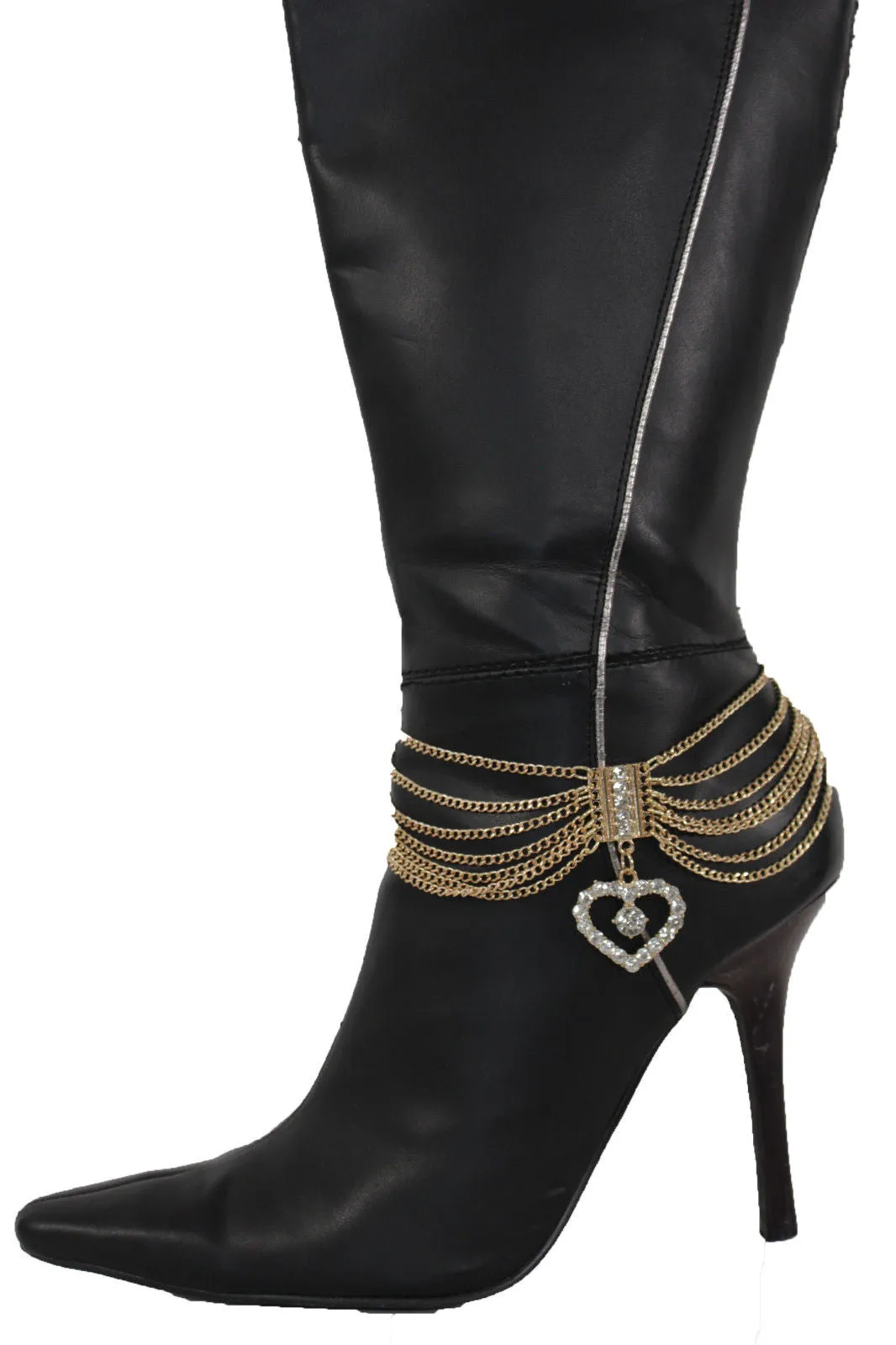 Dangling Rhinestone Heart Charm Multi Strand Metal Boot Chain