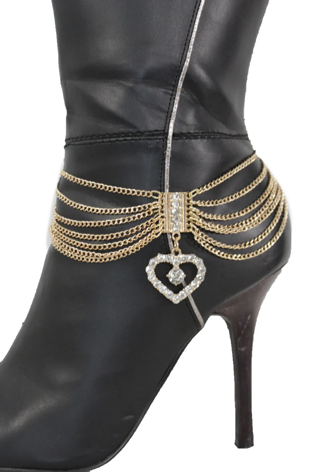 Dangling Rhinestone Heart Charm Multi Strand Metal Boot Chain