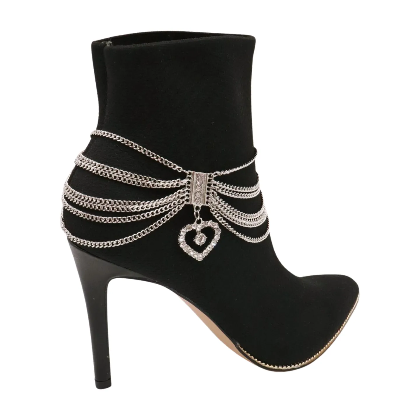 Dangling Rhinestone Heart Charm Multi Strand Metal Boot Chain