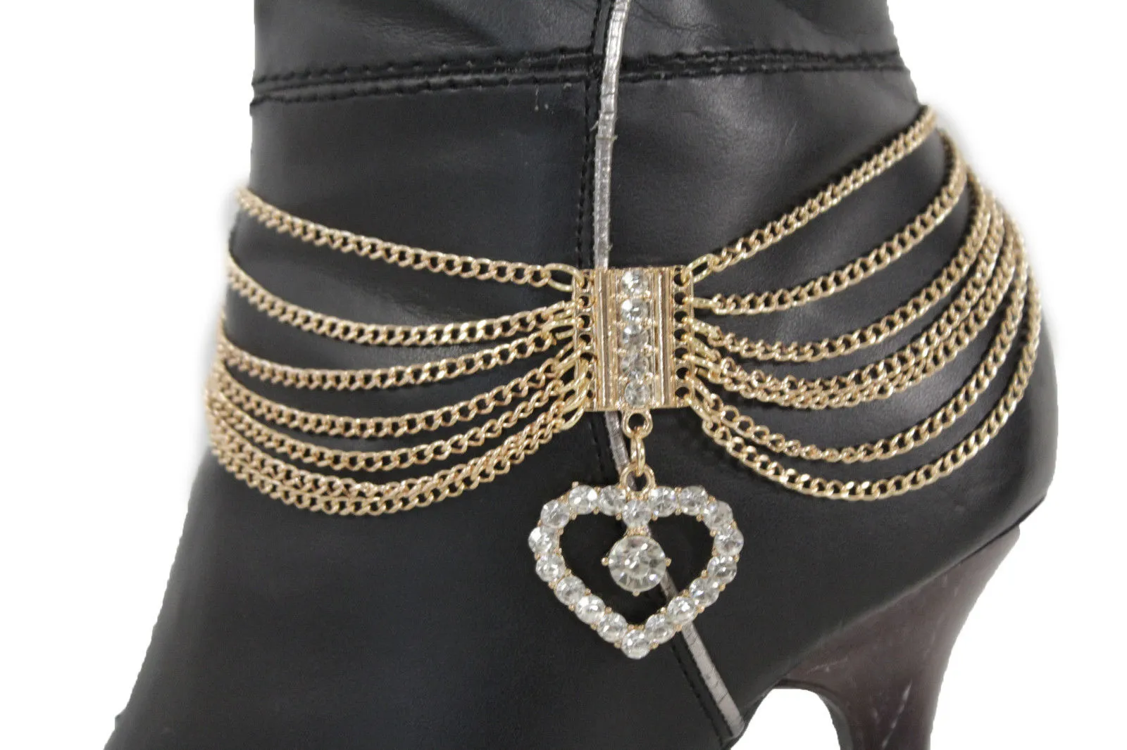 Dangling Rhinestone Heart Charm Multi Strand Metal Boot Chain