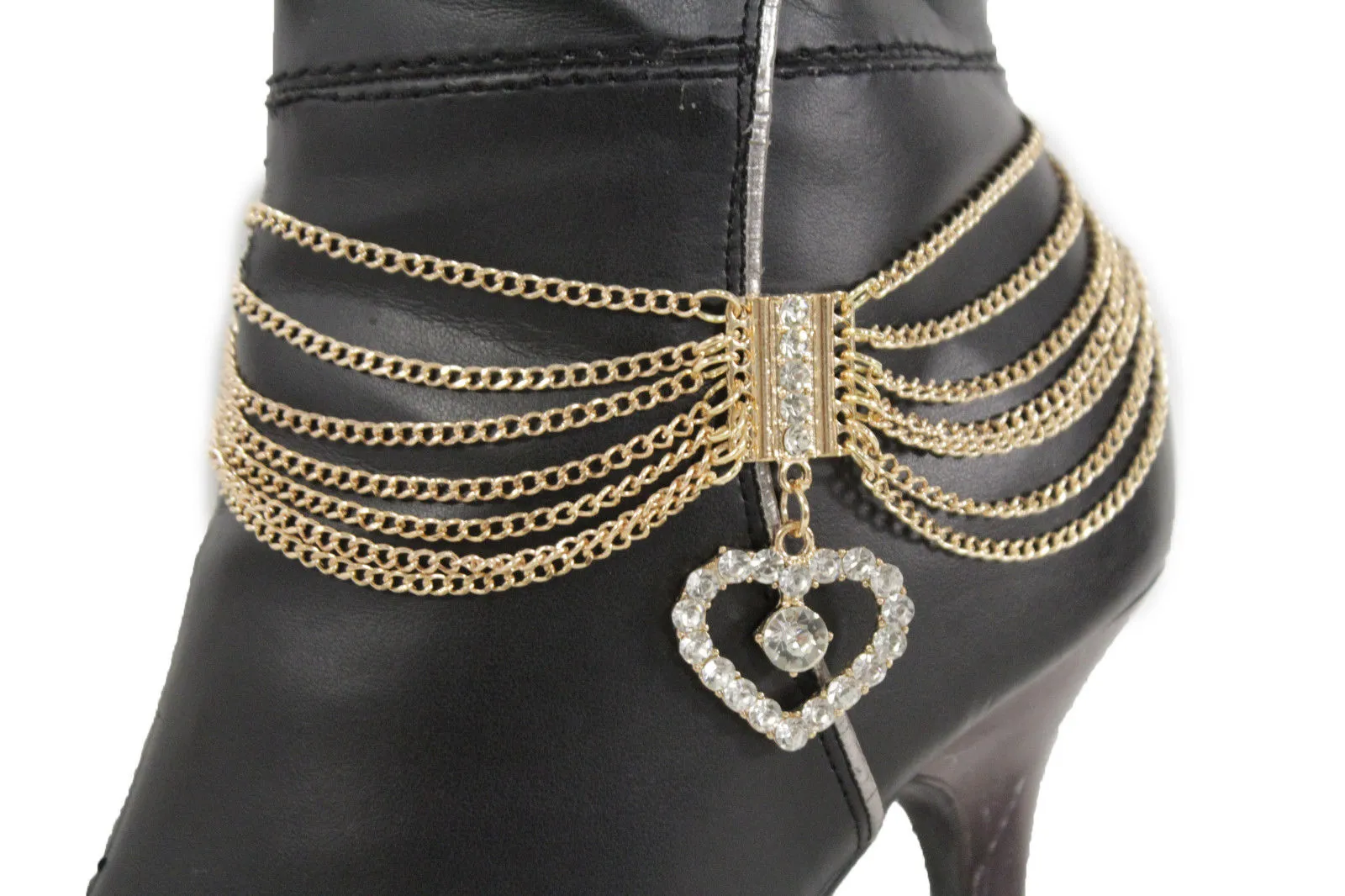 Dangling Rhinestone Heart Charm Multi Strand Metal Boot Chain
