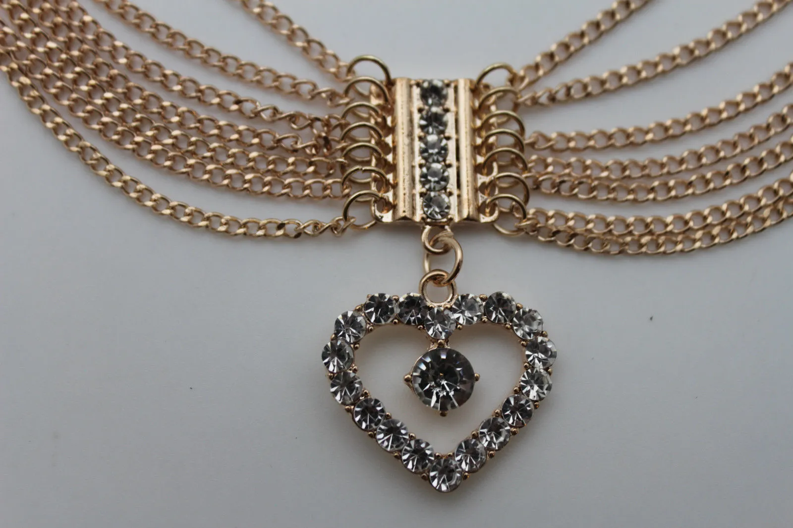 Dangling Rhinestone Heart Charm Multi Strand Metal Boot Chain