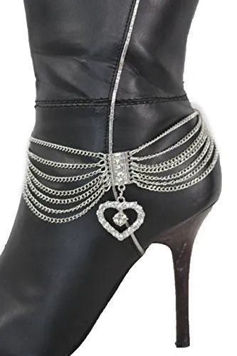 Dangling Rhinestone Heart Charm Multi Strand Metal Boot Chain