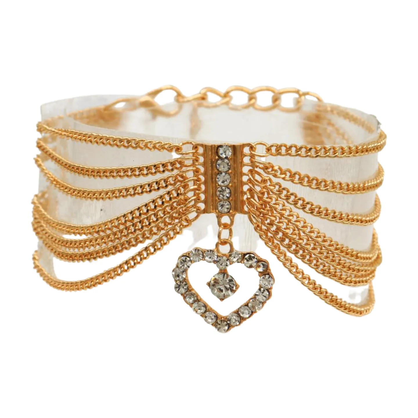 Dangling Rhinestone Heart Charm Multi Strand Metal Boot Chain