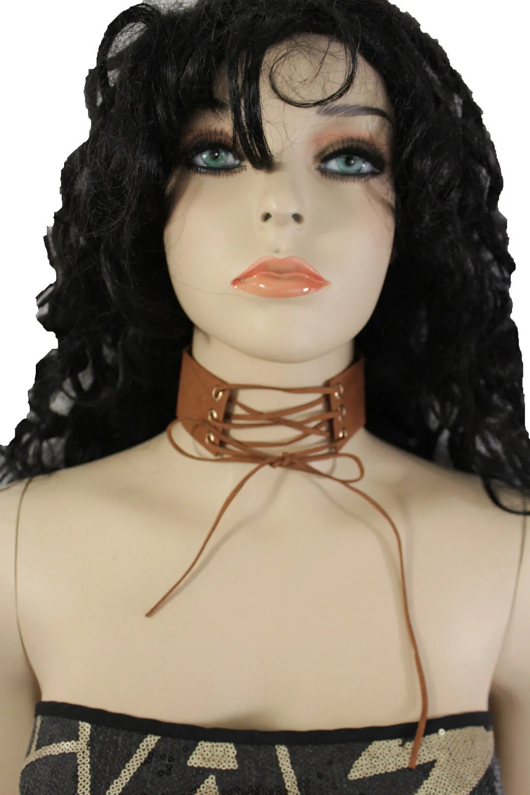 Dark Blue Metallic Rose Gold Pastel Pink Animal Print Leopard Brown Wide Denim Fabric Corset Long Tie Choker Necklace