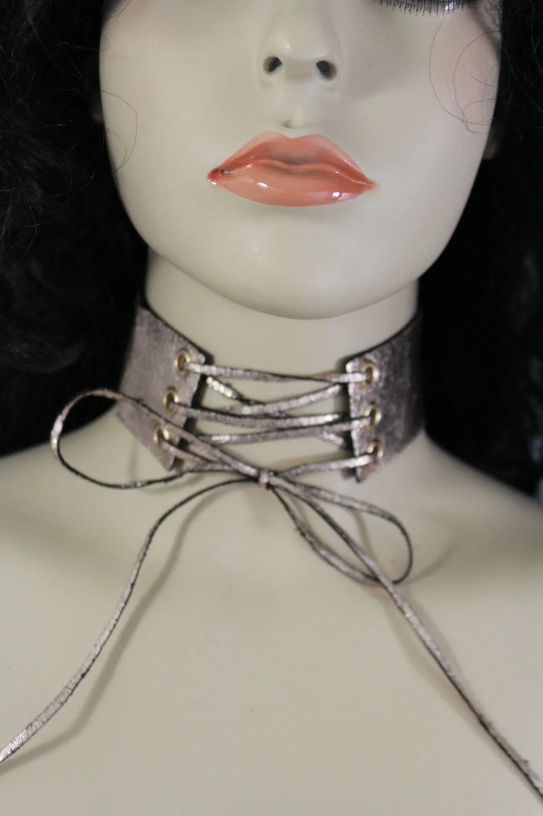 Dark Blue Metallic Rose Gold Pastel Pink Animal Print Leopard Brown Wide Denim Fabric Corset Long Tie Choker Necklace