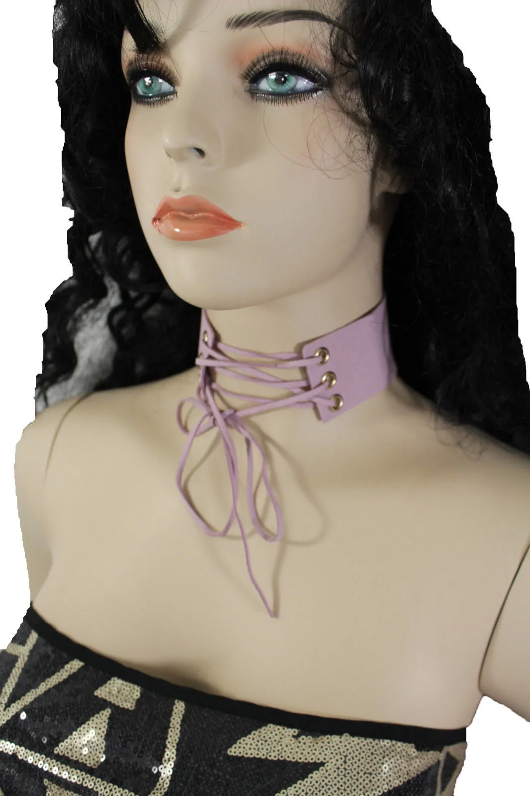 Dark Blue Metallic Rose Gold Pastel Pink Animal Print Leopard Brown Wide Denim Fabric Corset Long Tie Choker Necklace
