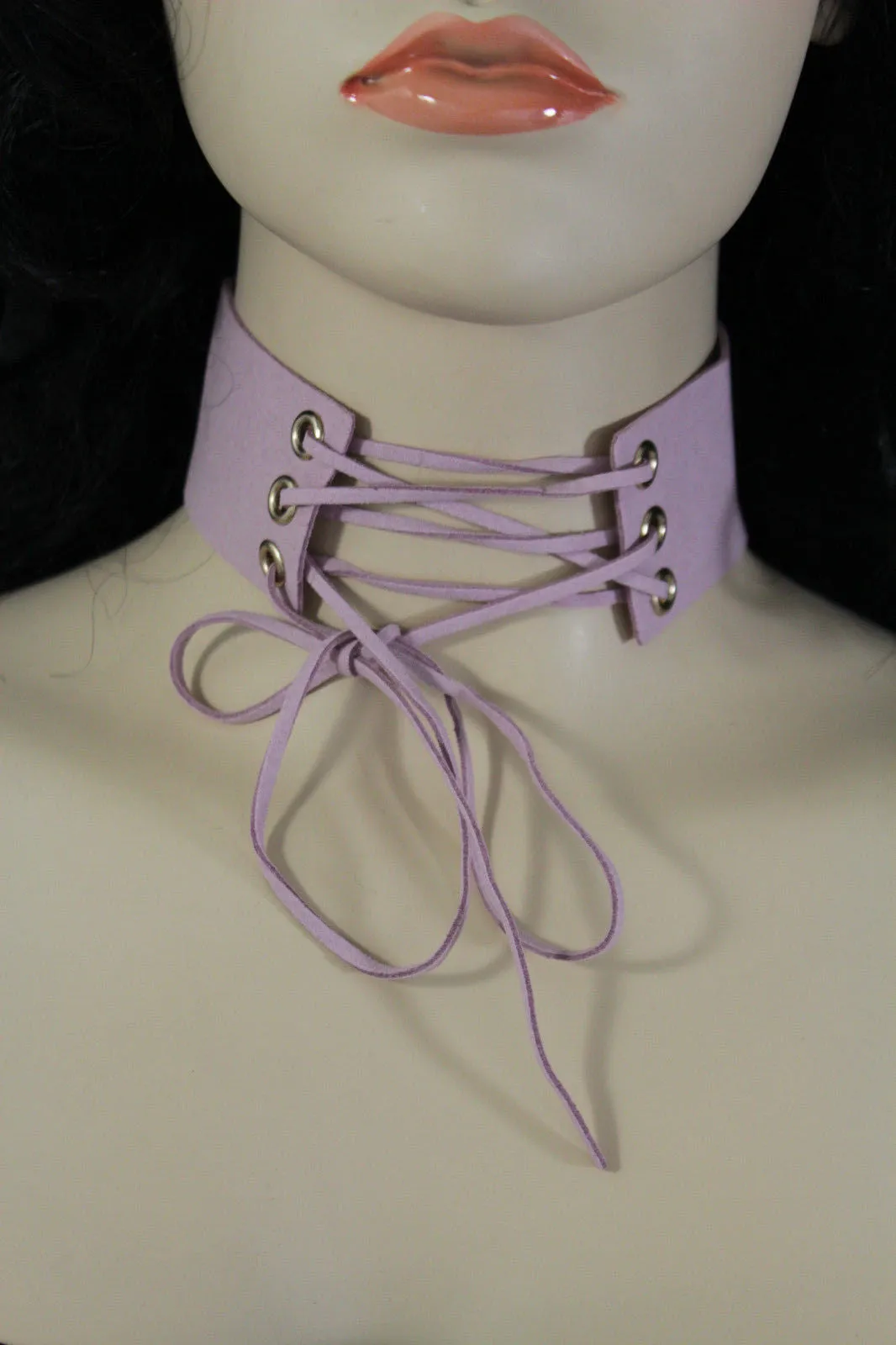 Dark Blue Metallic Rose Gold Pastel Pink Animal Print Leopard Brown Wide Denim Fabric Corset Long Tie Choker Necklace