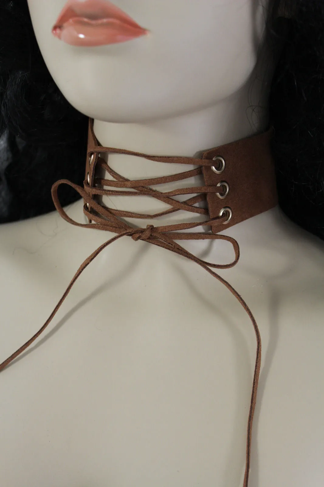 Dark Blue Metallic Rose Gold Pastel Pink Animal Print Leopard Brown Wide Denim Fabric Corset Long Tie Choker Necklace