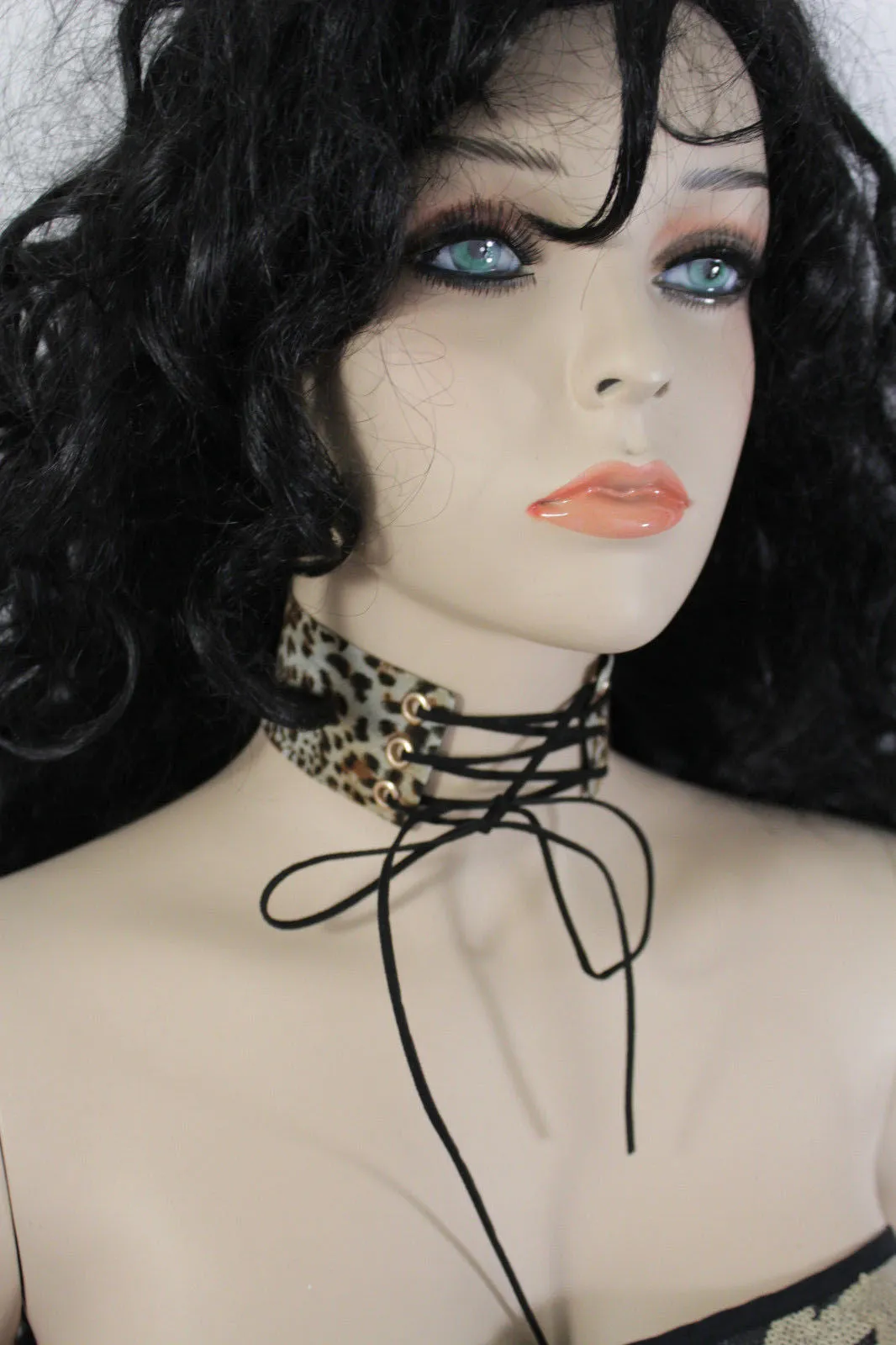 Dark Blue Metallic Rose Gold Pastel Pink Animal Print Leopard Brown Wide Denim Fabric Corset Long Tie Choker Necklace