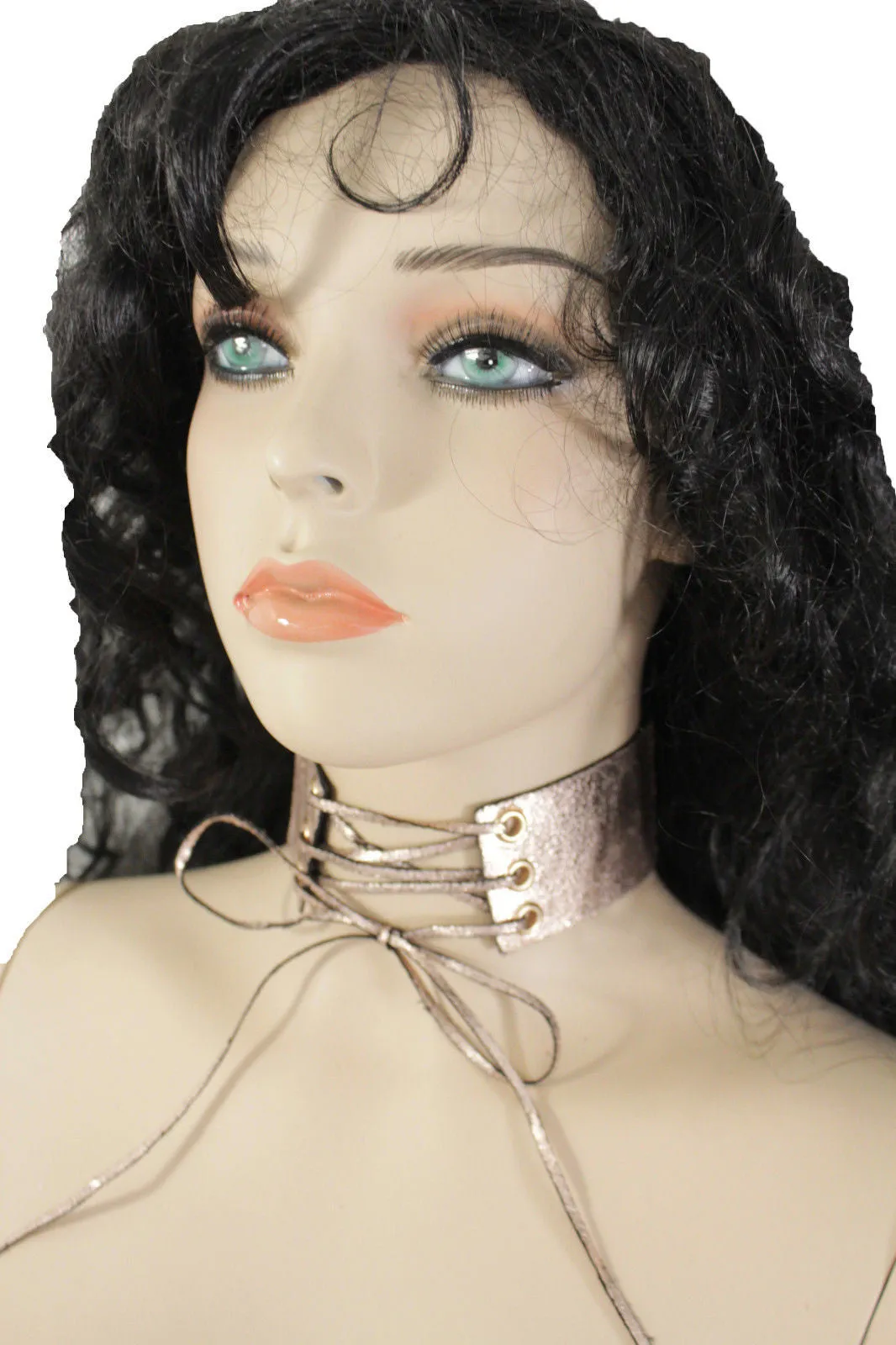 Dark Blue Metallic Rose Gold Pastel Pink Animal Print Leopard Brown Wide Denim Fabric Corset Long Tie Choker Necklace