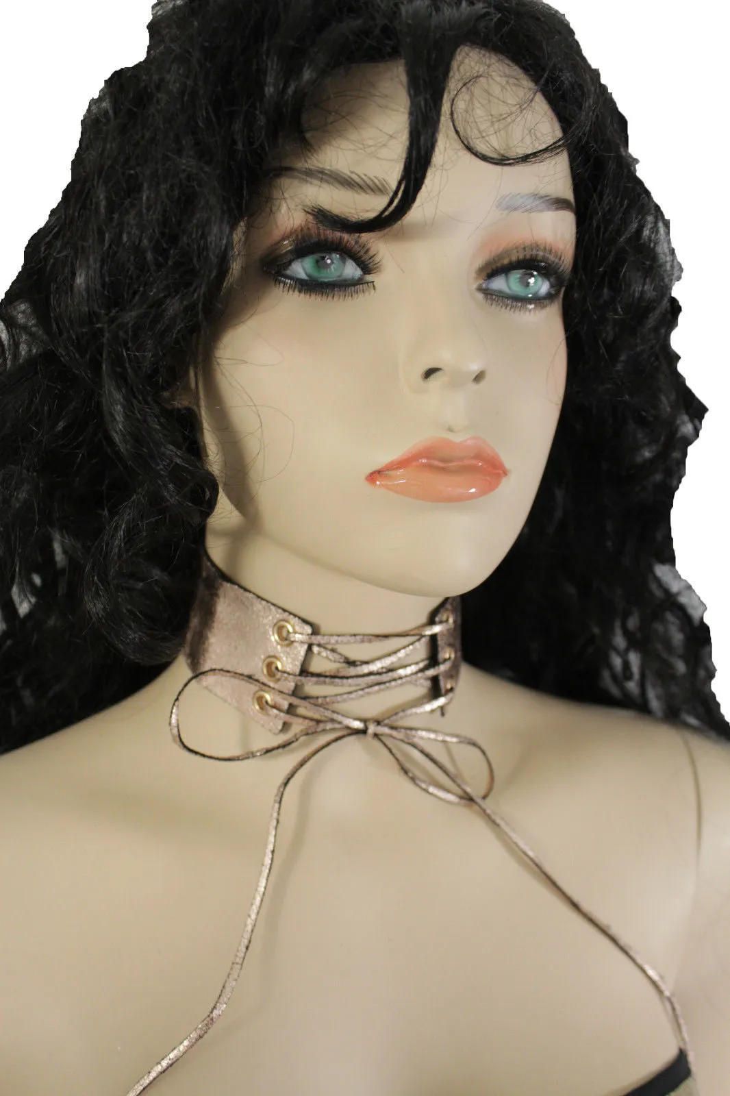 Dark Blue Metallic Rose Gold Pastel Pink Animal Print Leopard Brown Wide Denim Fabric Corset Long Tie Choker Necklace