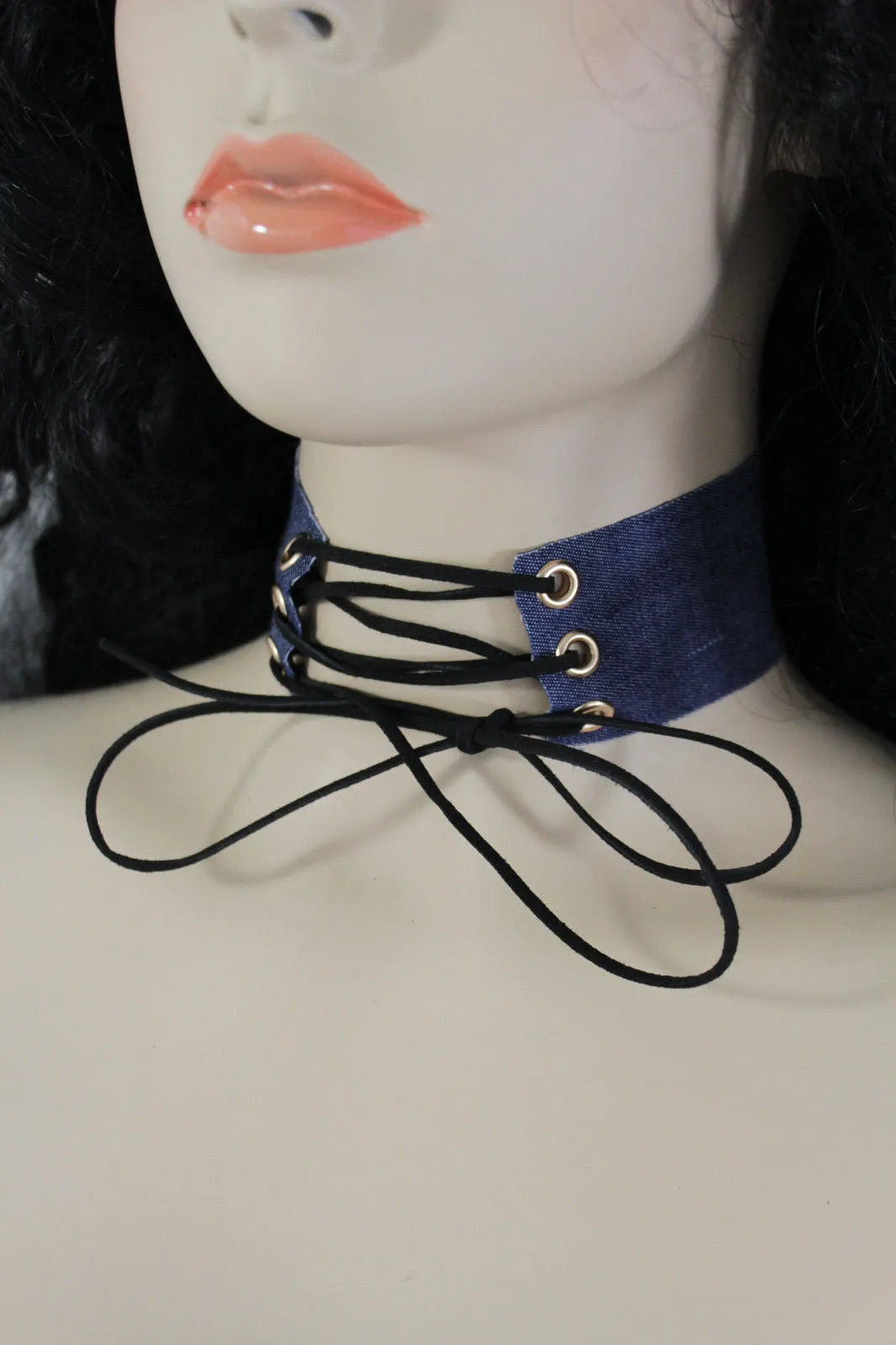 Dark Blue Metallic Rose Gold Pastel Pink Animal Print Leopard Brown Wide Denim Fabric Corset Long Tie Choker Necklace