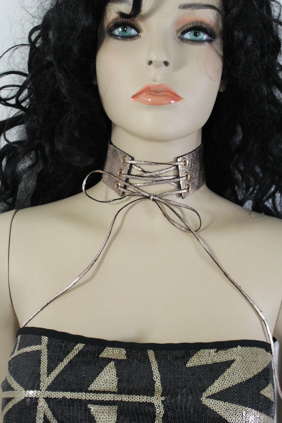 Dark Blue Metallic Rose Gold Pastel Pink Animal Print Leopard Brown Wide Denim Fabric Corset Long Tie Choker Necklace