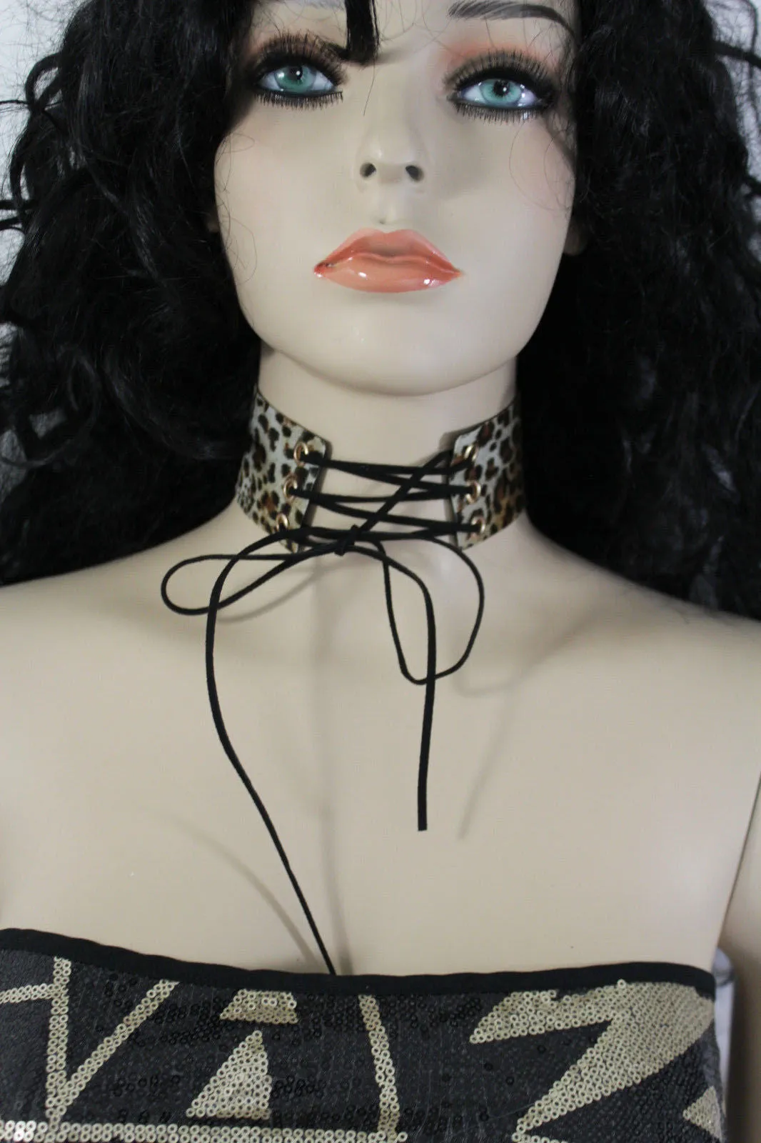 Dark Blue Metallic Rose Gold Pastel Pink Animal Print Leopard Brown Wide Denim Fabric Corset Long Tie Choker Necklace