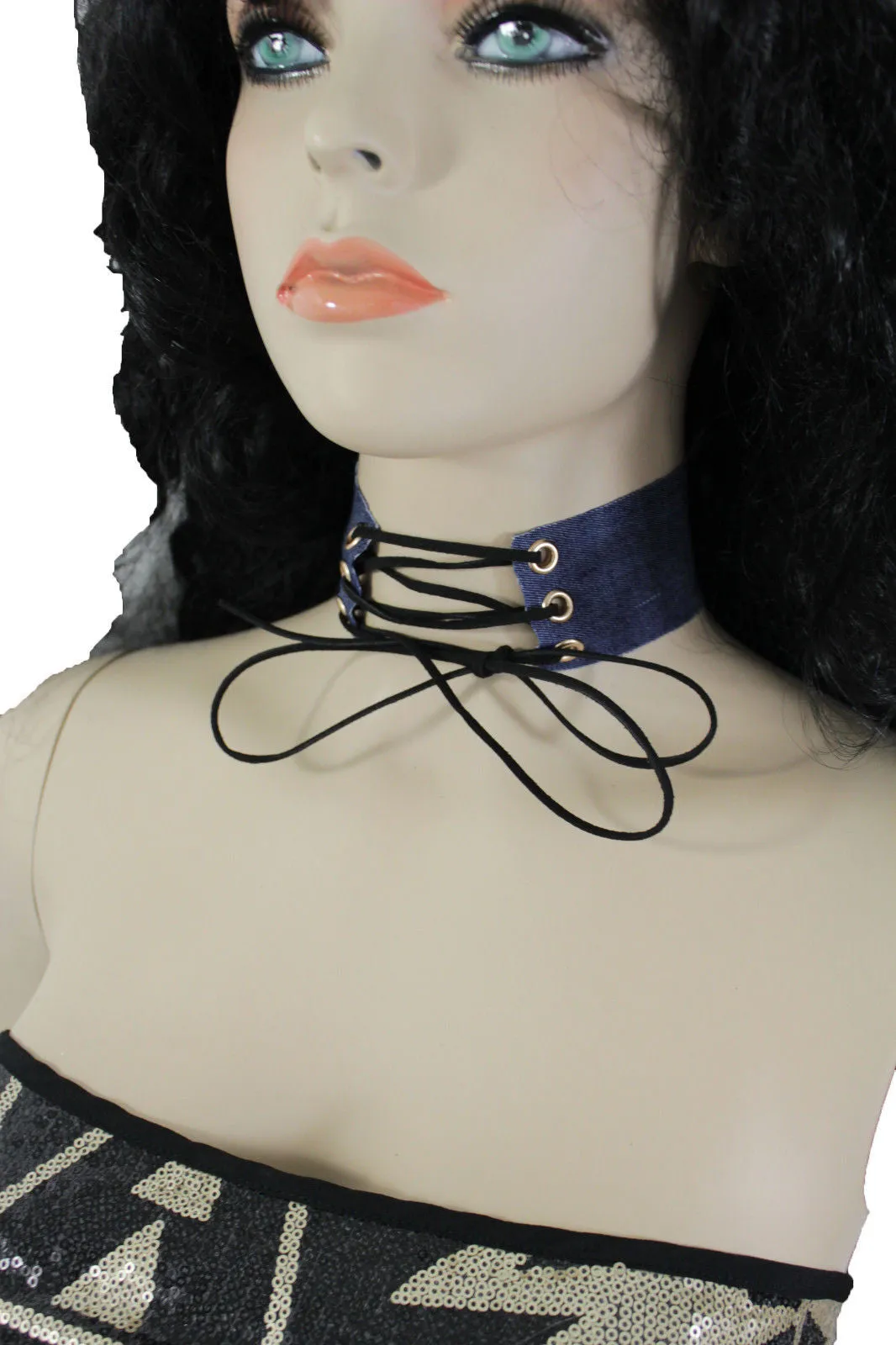 Dark Blue Metallic Rose Gold Pastel Pink Animal Print Leopard Brown Wide Denim Fabric Corset Long Tie Choker Necklace