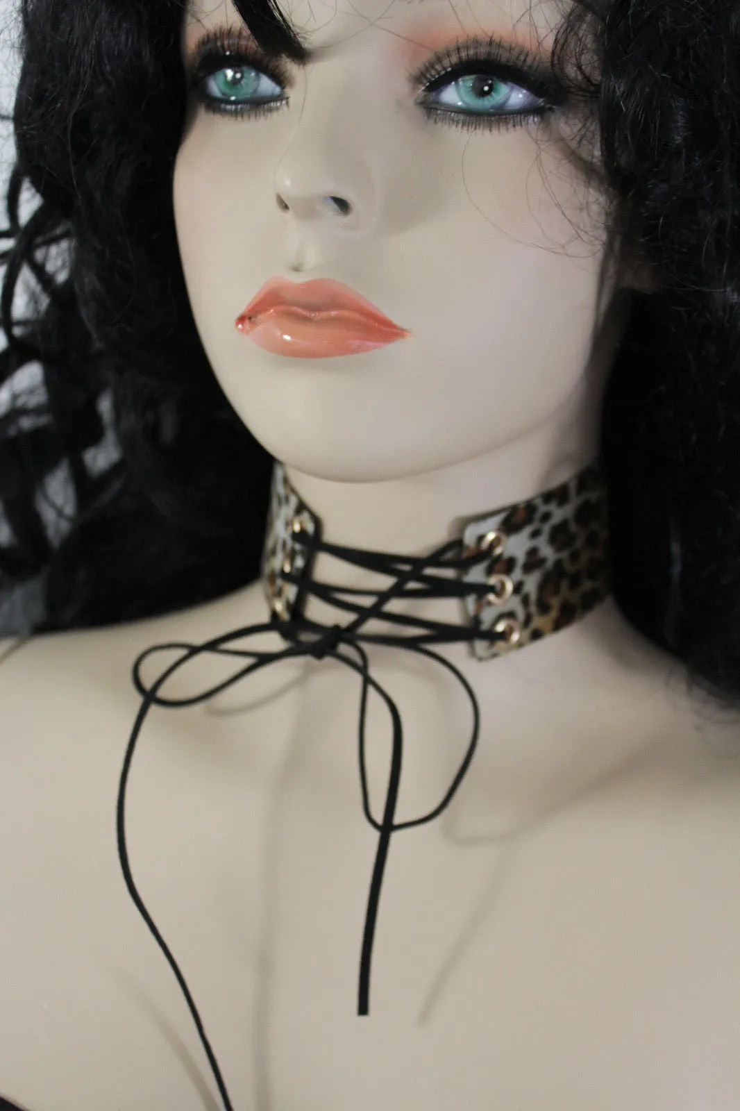 Dark Blue Metallic Rose Gold Pastel Pink Animal Print Leopard Brown Wide Denim Fabric Corset Long Tie Choker Necklace