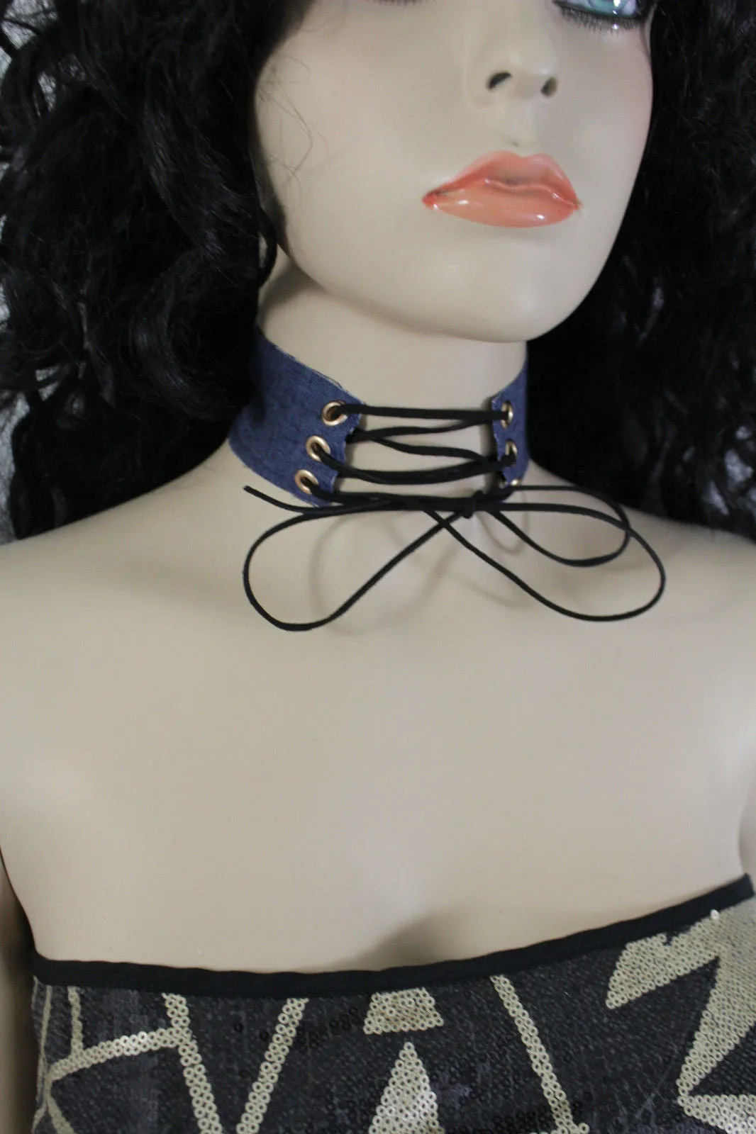 Dark Blue Metallic Rose Gold Pastel Pink Animal Print Leopard Brown Wide Denim Fabric Corset Long Tie Choker Necklace